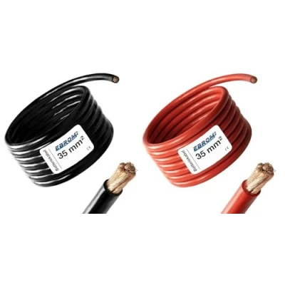 Immagine di EBROM cavo batteria da 2 metri rosso e nero positivo di massa 35 mm² mm2 rame pieno 99,9% alimentazione in OFC Lunghezza: ciascuno