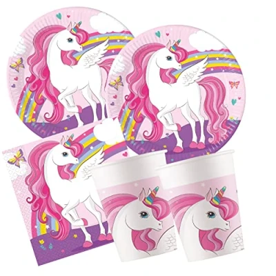 Immagine di Procos Set S Unicorn Rainbow, 52 Pezzi, Piatti, 16 Bicchieri, 20 tovaglioli, USA e Getta, stoviglie per Feste, Decorazioni da Tavolo, Multicolore, 10209570