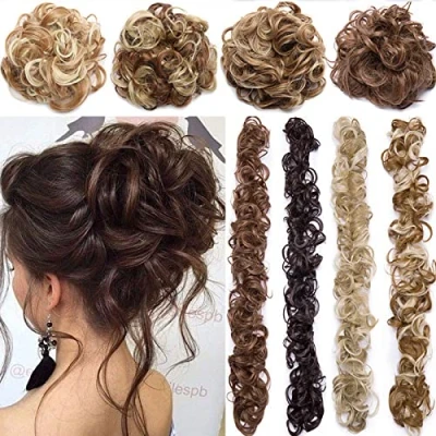 Immagine di Extension clip Capelli veri Chignon Updo Bun Ponytail Scrunchie Parrucchino Ricci Mossi Posticci Marrone medio