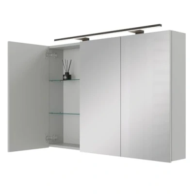 Immagine di Planetmöbel ARIA armadietto a specchio da bagno con illuminazione, larghezza 100 cm, specchio, bianco e grigio, lampada presa, per ospiti, x 70 16 cm