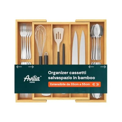 Immagine di Avilia Porta Posate con 5 Scomparti Estensibile in Bambù Organizer Cucina da Cassetto, Divisori per Cassetti Regolabili 33 cm a 55 cm, Salvaspazio, 43x5