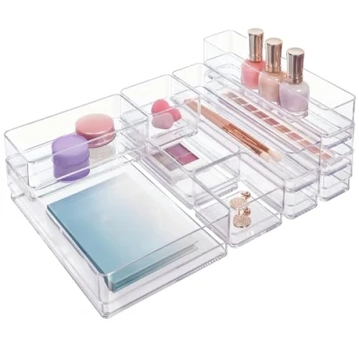 Immagine di STORi SimpleSort Set di 10 contenitori impilabili trasparenti per cassetti, vassoi varie dimensioni, trucchi e divisori cassetti da scrivania, prodotto negli Stati Uniti