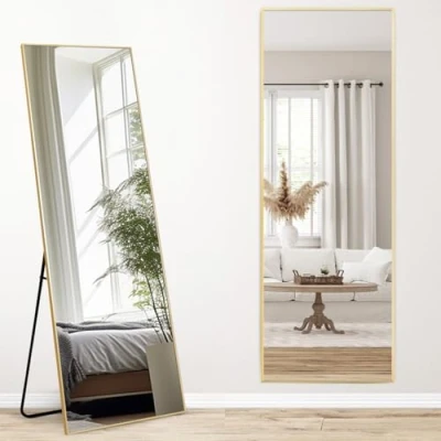 Immagine di Melodieux specchio per tutto il corpo, 161 x 52 cm, lunghezza completa, moderno, grande indipendente, dorato, cornice in alluminio, soggiorno, camera da letto