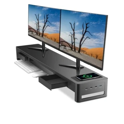 Immagine di meatanty 3 in 1 supporto per doppio monitor con 2 cassetti portaoggetti, modulo di ricarica wireless e 4 porte USB, metallo computer trasferimento dati