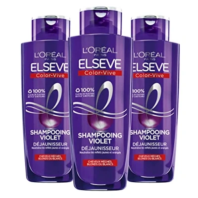Immagine di L&#039;Oréal Paris Set di 3 shampoo viola antigiallimento per capelli biondi, decolorati, cattivi o bianchi Neutralizzazione dei riflessi gialli e arancioni Elseve Color Vive x 200 ml