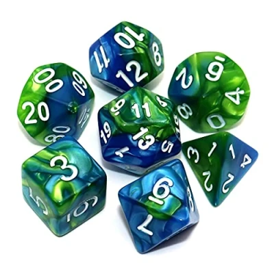 Immagine di CREEBUY, set di dadi poliedrici blu e verdi per dungeon dragons, D&amp;D pathfinder, 7 giochi ruolo, con sacchetto