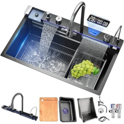 Immagine di Lavello Da Cucina Nano Nero A Cascata In Acciaio Inossidabile 304 Vasca Singola Con Display Digitale Multifunzionale Rubinetto Estraibile Per Pioggia Volante (Color : Blac