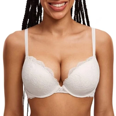 Immagine di DOBREVA Reggiseno Donna Push Up in Pizzo con Ferretto Imbottito Plunge a Coppe Modellate Bianco Cocco 3D
