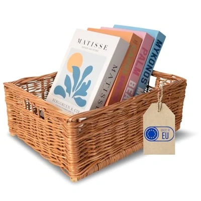 Immagine di Creative Home Cesto Vimini 40x30x16 +/ 2cm Cestino Portaoggetti in Naturale con Maniglie Cestini Salvaspazio, Rettangolare, Intrecciato a Mano per Documenti Giocattoli, Contenitori Bagno