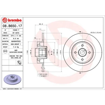 Immagine di BREMBO 08.B650.17 Disco freno 274, 274 11 4 pieno con anello sensore ABS, kit cuscinetto ruota RENAULT: GRAND SCENIC 2