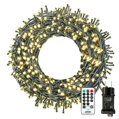 Immagine di Catena luminosa a LED per esterni, 10 m, 100 LED, 8 modalità con telecomando, funzione di memoria, IP65, impermeabile, interni, Natale, feste, matrimoni, bianco caldo