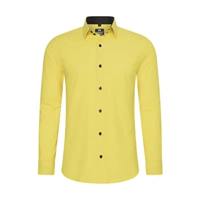 Immagine di Rusty Neal Camicia da uomo di alta qualità, slim fit, a maniche lunghe, elasticizzata, contrasto, per il tempo libero, giallo., S