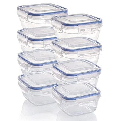 Immagine di Grizzly set contenitori per alimenti in plastica, 8 con coperchio, quadrati, impilabili, lavabili nel microonde e lavastoviglie