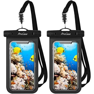 Immagine di ProCase [2 Pezzi] Custodia Impermeabile Smartphone[30M/IPX8], Cover Subacquea per iPhone 15/14/13/12/11 Pro Max Mini XR XS SE, Galaxy A25/A54/A15/S23/S24, Xiaomi Redmi, Huawei Fino a 7,0&quot;