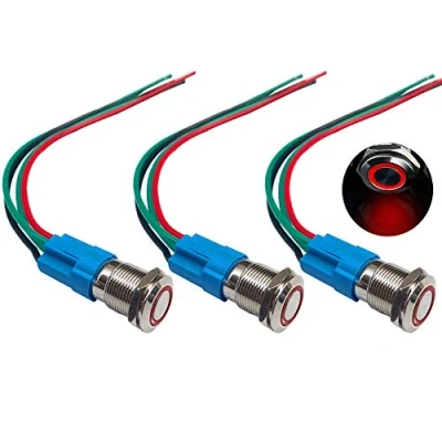 Immagine di QitinDasen 3Pcs Premium 12V / 24V 3A Interruttore a Pulsante Momentaneo, 12mm in Metallo con LED Rosso, Avviamento Auto Acciaio Inossidabile impermeabile