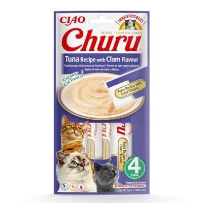 Immagine di INABA Churu Snack per Gatti Cremoso con Tonno al Gusto di Vongole 1 Pack (4 Stick x 14gr) Cibo da Leccare, Sano e Delizioso Gatto Senza Conservanti o Coloranti Artificiali