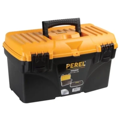 Immagine di Perel Cassetta degli attrezzi, polipropilene, con vassoio rimovibile, maniglia pieghevole e chiusure in plastica, nero/giallo, 432 x 250 238 mm