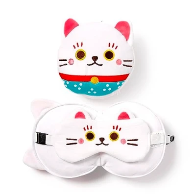 Immagine di Cuscino da Viaggio con Maschera Relaxeazzz Maneki Neko Gatto Portafortuna