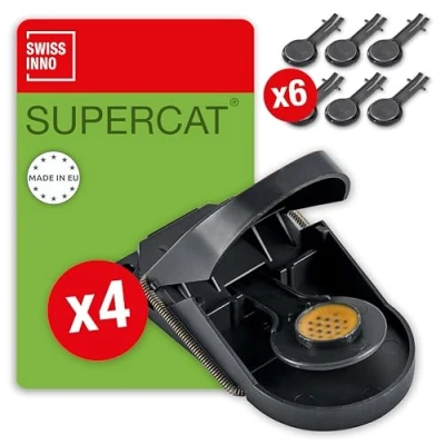 Immagine di SWISSINNO Trappola per Topi SuperCat: Efficiente e Riutilizzabile con esca alimentare atossica. Pronta all&#039;Uso interno esterno. Prodotta in Europa: 4 trappole + 6 ricariche esche