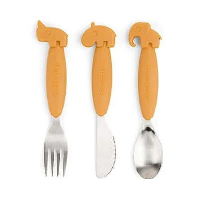 Immagine di Done by Deer Set di posate facili da impugnare, motivo: cervi amici, senape, compagno indispensabile per mangiare il bambino, con design ergonomico