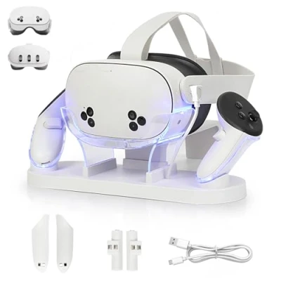 Immagine di Growalleter Charging Dock Quest 3S/Quest 3, stazione di ricarica VR per visore 3S/3 e controller touch, carica archiviazione, base MetaQuest (Bianco)