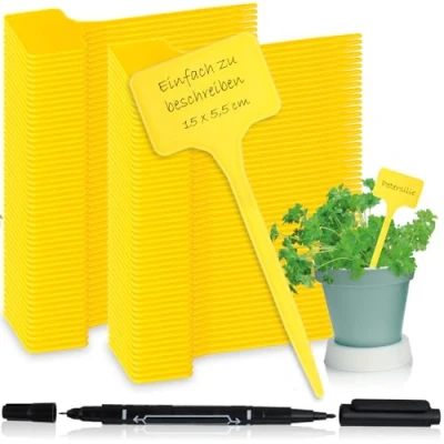 Immagine di com four® 100x Etichette per Piante con Pennarello a Doppia Punta innesto Tappi etichettatura di Coltivazione aiuole da 15 cm (100 Pezzi Giallo 15cm)