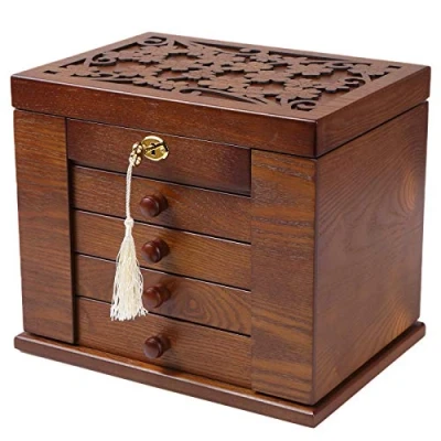 Immagine di Changsuo Portagioie in legno da donna, scatola organizer massello con serratura combinata per gioielli, orologi, collane, anelli, portaoggetti (marrone scuro), grande