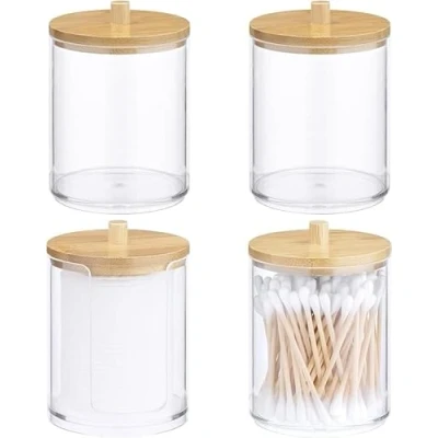Immagine di Navaris Porta Dischetti Struccanti Cotton Fioc 4x Portadischetti Trucco Contenitore Batuffoli Cotone Organizer Bagno Trasparente Coperchio Legno Bambù