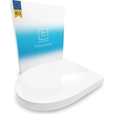 Immagine di Benkstein® Coperchio WC di alta qualità, antibatterico, a forma D, bianco, con funzione rilascio rapido e chiusura morbida, automatica, in Duroplast acciaio inox, 36 x