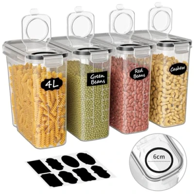 Immagine di Withosent 4L Contenitori Ermetici per Alimenti 4 Pezzi, Plastica Cucina Organizer con Coperchio, Contenitore Alimentari Cereali, Porta Muesli, Farina, Cornflakes