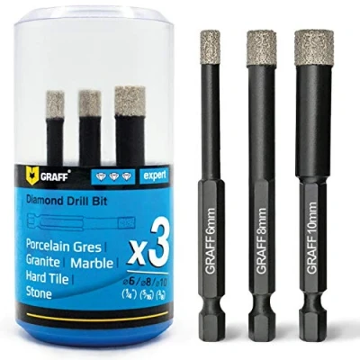 Immagine di GRAFF 3 Pezzi Set di Punte Diamantate a Secco 6/8/10 mm Gres Porcellanato, Piastrella, Marmo, Ceramica, Granito Punta per Trapano Diamantata Professionali con Codolo Esagonale