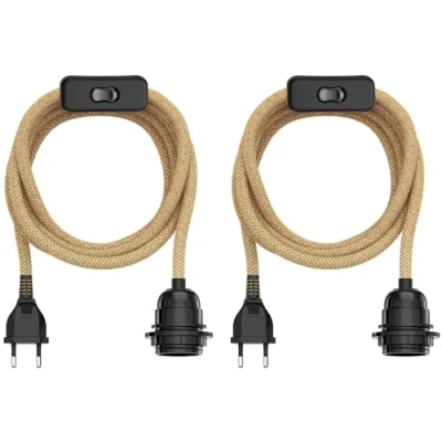 Immagine di ledscom.de 2 pezzi cavo in canapa/cavo tessile LEKA, spina, interruttore, beige, 3 m, presa lampada, 1x E27 max. 60W