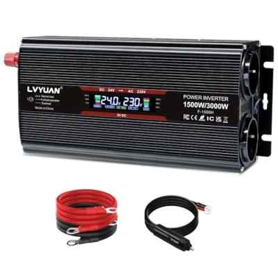 Immagine di LVYUAN Trasformatore di tensione 24 V 230 1500 W 3000 convertitore corrente con 4 fusibili schermo LCD 2 prese europee ventola e connettori USB da 5 presa accendisigari auto nero