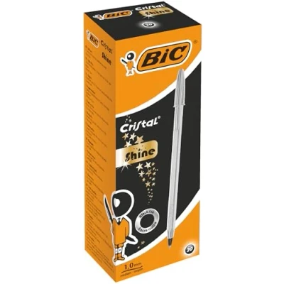 Immagine di BIC Cristal Shine Penne a Sfera Punta Media, (1.00 mm), Inchiostro Nero, Confezione da 20 Penne, Con Fusto, Color Argento