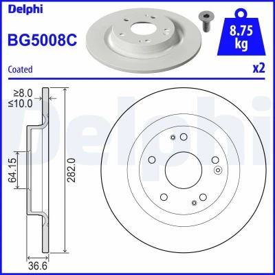 Immagine di DELPHI BG5008C Disco freno 282 10 5 pieno rivestito non trattato senza cuscinetto ruota, anello sensore ABS HONDA: CIVIC