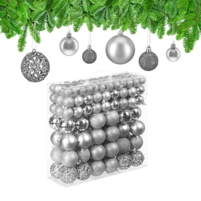 Immagine di Relaxdays Set da 150 Palline di Natale, Addobbi Natalizi, Opache, Lucide, Glitterate, ∅ 3,4 e 6 cm, Decorazioni, Argento