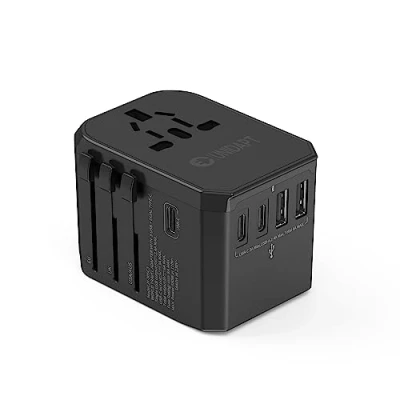 Immagine di Unidapt Adattatore Universale da Viaggio, Caricatore Internazionale con 2 USB e 3 Tipo C Presa AC Ricarica, Spina per USA UK AUS EU, Caricabatterira Telefono, Nero