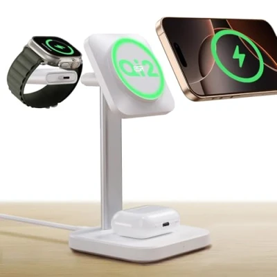 Immagine di ESR Stazione di ricarica wireless Qi2 3 in 1, Caricatore per Apple Watch [certificato] e AirPods, Supporto MagSafe 15W iPhone 16/15/14/13, Airpods 4, Bianco