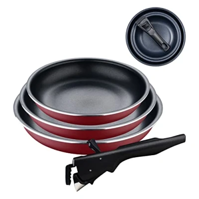 Immagine di BERGNER Click&amp;Cook Red Edition Set di padelle da 4 pezzi 18, 20 e 24 cm + manico ergonomico rimovibile alluminio pressato antiaderente per tutti i tipi cucine forno