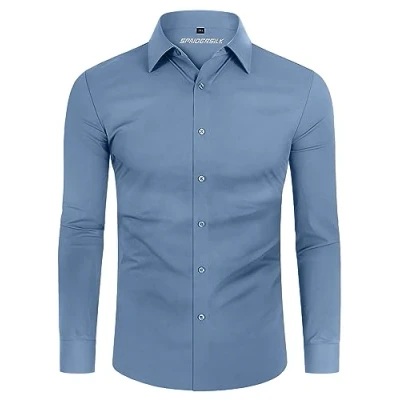Immagine di DEMEANOR Camicia da uomo elasticizzata, a maniche lunghe, per il tempo libero, slim fit, uomo, lavoro, non necessita di stiratura, Celeste., S