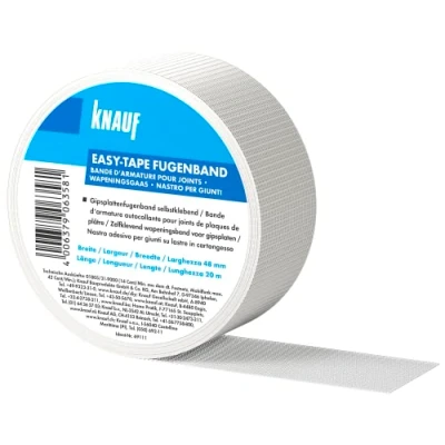 Immagine di Knauf K 00069112 Easy Tape Nastro di Copertura stabilizzare e stuccare fughe, Striscia Rinforzo autoadesiva per la stuccatura cartongesso o Pannelli in Fibra Gesso, 48 mm x 45 m, Bianco