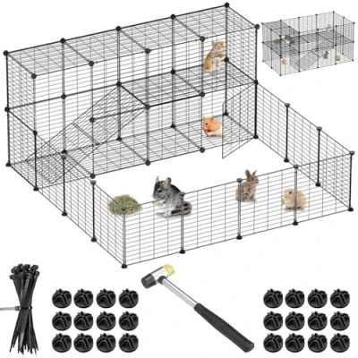 Immagine di BAKAJI Recinto per Animali di Piccola Taglia Personalizzabile in Metallo, Recinzione Componibile Porcellini d&#039;India, Criceti, Conigli, Cincillà, Interni ed Esterni (143 x 71 46 cm 2 Piani)