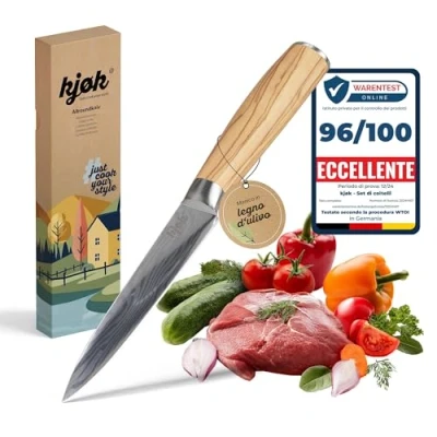 Immagine di kjøk Premium Coltello Multiuso con Manico in Legno di Olivo, Durezza 58±2 HRC, da Cucina Lama Affilata, Pelare e Universale per Carne Verdure Spelucchino