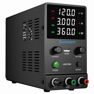 Immagine di Alimentatore CC variabile, 0 120V 3A da banco regolabile con manopola codificatore, controllo uscita, display LED a 4 cifre ad alta precisione, porta USB 5V/2A, Jesverty SPS 12003H