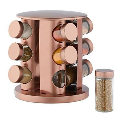 Immagine di Relaxdays Portaspezie con 12 Barattoli, Girevole a 360, Tappi Spargispezie, Acciaio Inox, Rame
