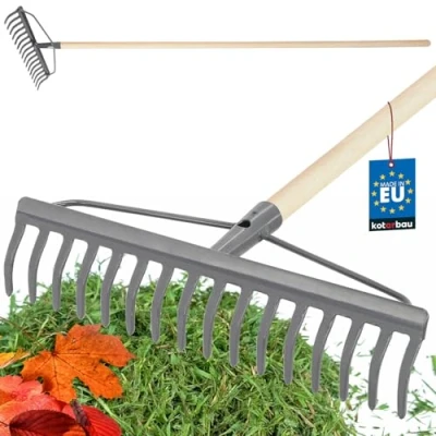 Immagine di KOTARBAU® rastrello in metallo con 16 denti manico legno, da giardino testa rinforzata, acciaio, per foglie ed erba,