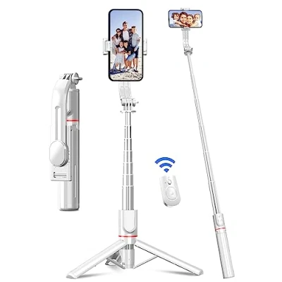 Immagine di 106cm Bastone Selfie, Selfie Stick Estensibile in Alluminio con Telecomando Treppiede Rinforzato e Stabile Rotazione a 360 Compatibile Android iPhone Telefono (Bianco)