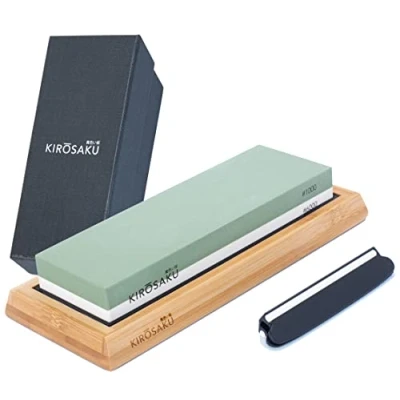 Immagine di Kirosaku Affilacoltelli Set di Pietre Bagnate per Affilatura Coltelli Pietra Affilare Grana con Base in Bambù Antiscivolo Affilare, Manuale