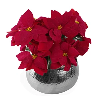 Immagine di Leaf Stella di Natale artificiale rossa 40 cm pianta d&#039;appartamento in vaso, seta, grande bordo curvo argento