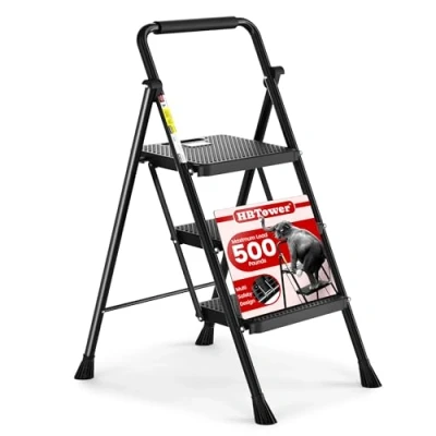 Immagine di HBTower Scala a 3 Gradini, Sgabello Pieghevole con Ampio Pedale Antiscivolo, in Acciaio Robusta, Impugnatura Comoda, Leggera, Portatile Acciaio, Nero